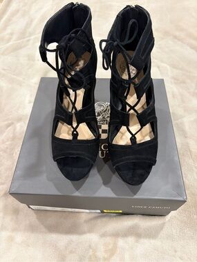 Vince Camuto Black Suede Lace-Up Peep Toe Heels